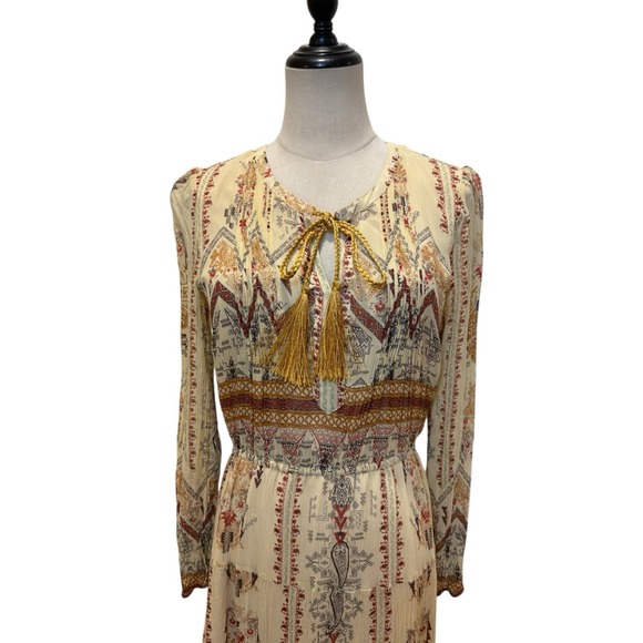 Sundance Silk Maxi Dress Sz 4 Long Sleeve Boho Festival Praire Aztec Folk West - Picture 2 of 9